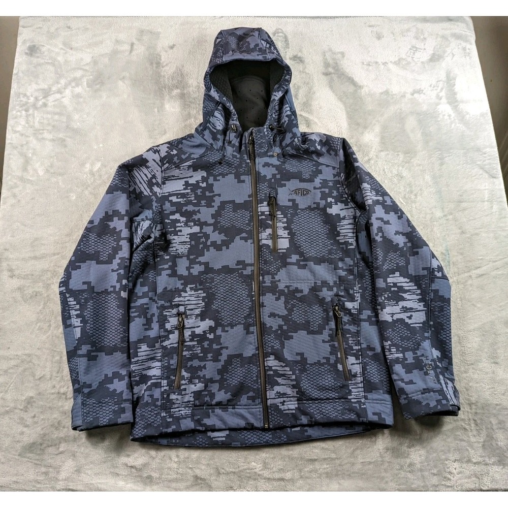 AFTCO Reaper Jacket Men Medium Blue Digital Camo Softshell Hooded Zip Up Fishing